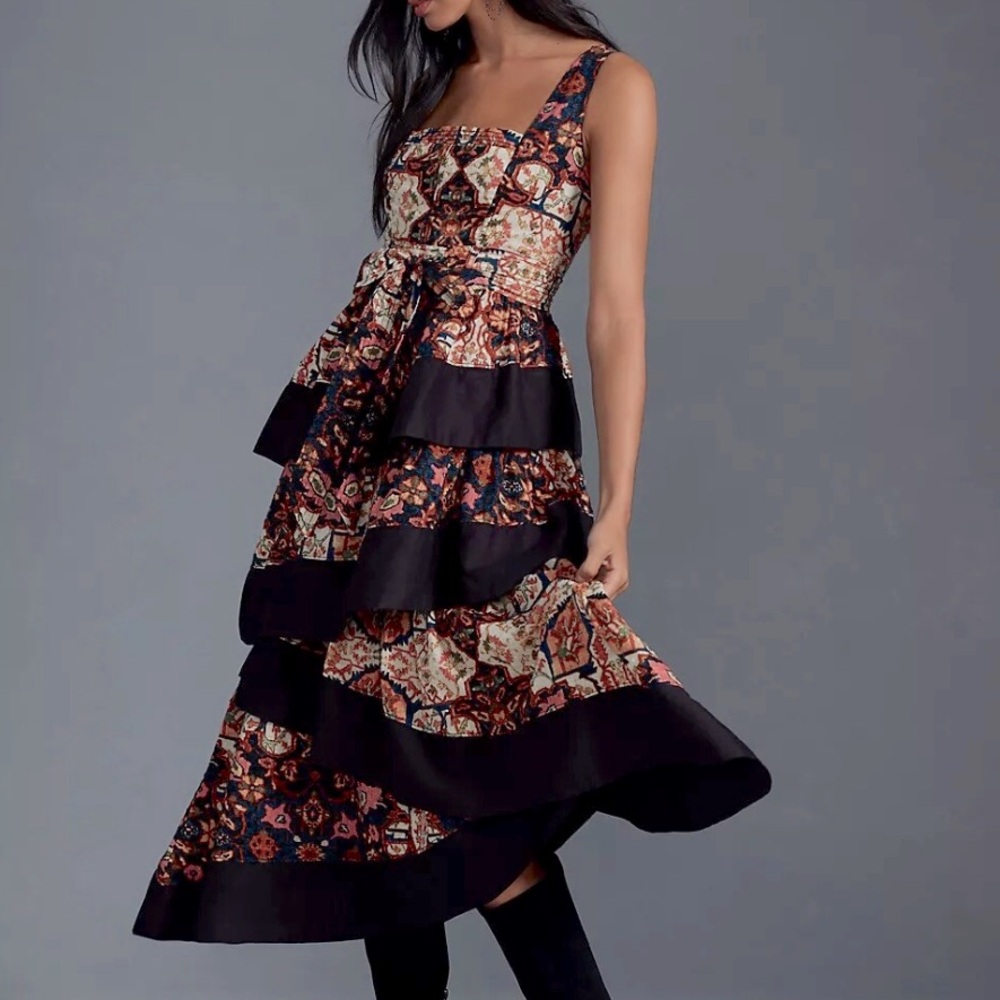 Anthropologie Black and Pink Paisley Patterned Ruffle Midi Dress